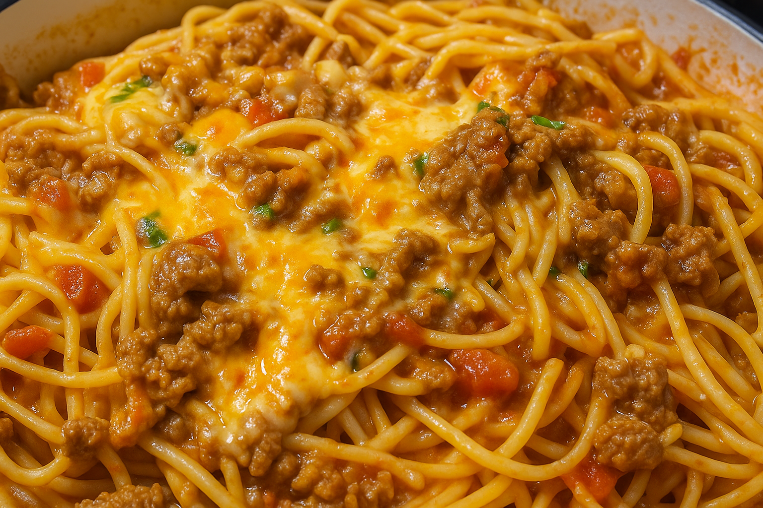 “Cheesy taco spaghetti with ground beef, tomatoes, and melted Mexican cheese in a skillet”