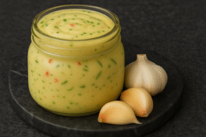 homemade garlic sauce in a jar with creamy texture and fresh herbs