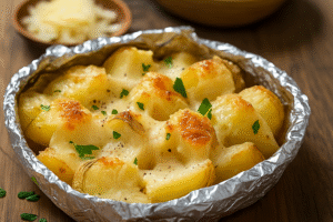 parmesan baked potatoes with golden crispy cheese topping on a baking sheet