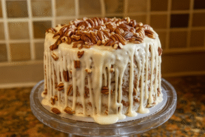 mile high sock it to me pound cake with cream cheese glaze and toasted pecans