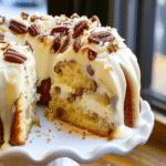 Italian cream pound cake topped with pecans and cream cheese glaze