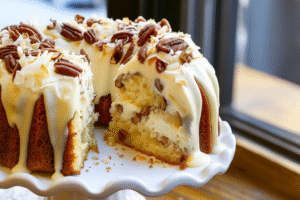 Italian cream pound cake topped with pecans and cream cheese glaze