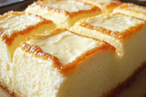 Fluffy Cream Cheese Cake cut into squares on a baking tray, showcasing a golden crust and creamy texture.