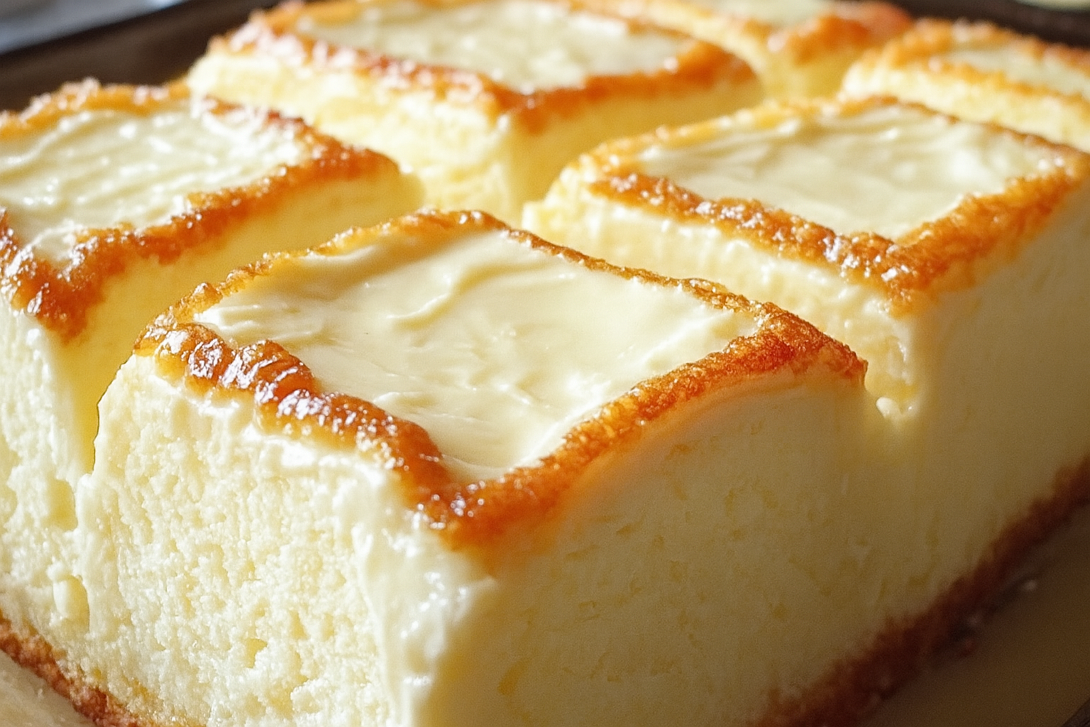 Fluffy Cream Cheese Cake cut into squares on a baking tray, showcasing a golden crust and creamy texture.