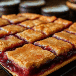 Freshly baked Cherry Pie Bars cut into squares on a cooling rack, showing buttery crust and cherry filling.