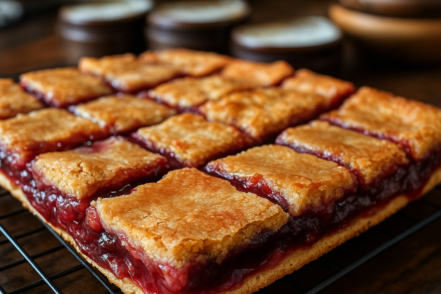 Freshly baked Cherry Pie Bars cut into squares on a cooling rack, showing buttery crust and cherry filling.