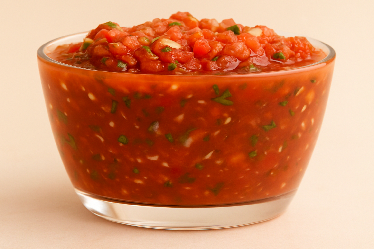 Fire Roasted Salsa in a glass bowl with fresh herbs, perfect for dipping or topping tacos