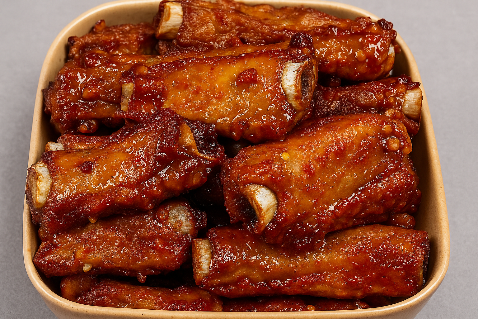 Sticky Honey Garlic Ribs glazed with honey garlic sauce in a ceramic dish