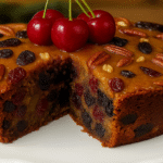 Moist homemade fruit cake topped with cherries and pecans on a white cake stand