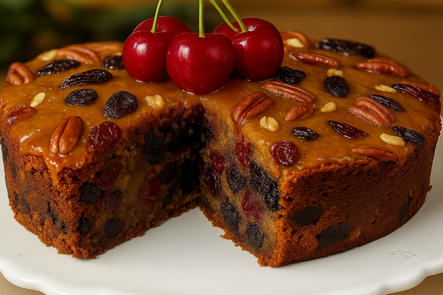 Moist homemade fruit cake topped with cherries and pecans on a white cake stand
