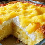 Juicy Pineapple Heaven Cake with whipped topping and pineapple chunks in a glass dish