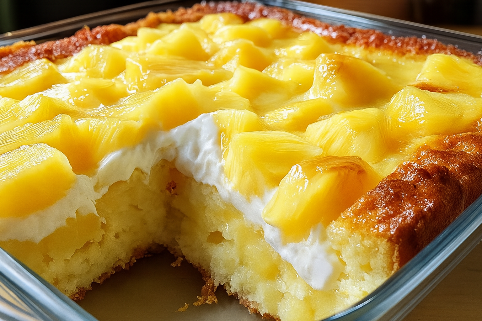 Juicy Pineapple Heaven Cake with whipped topping and pineapple chunks in a glass dish