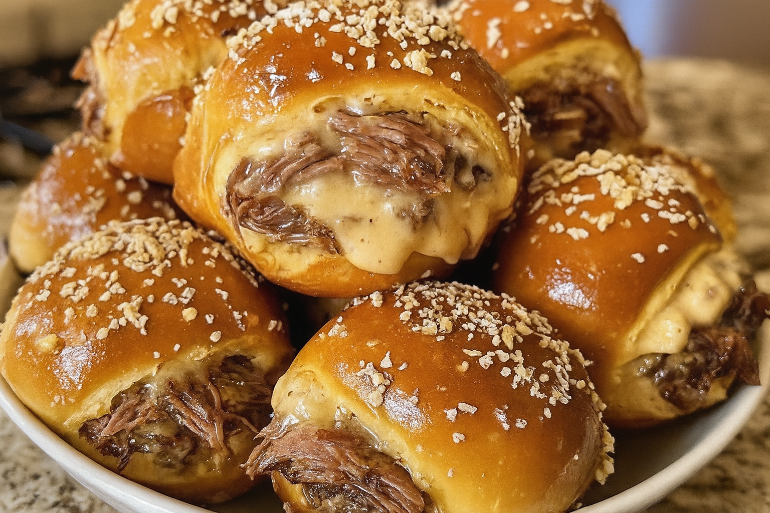 Smoked Brisket & Beer Cheese Pretzel Bombs on a white plate, golden brown and topped with coarse salt.