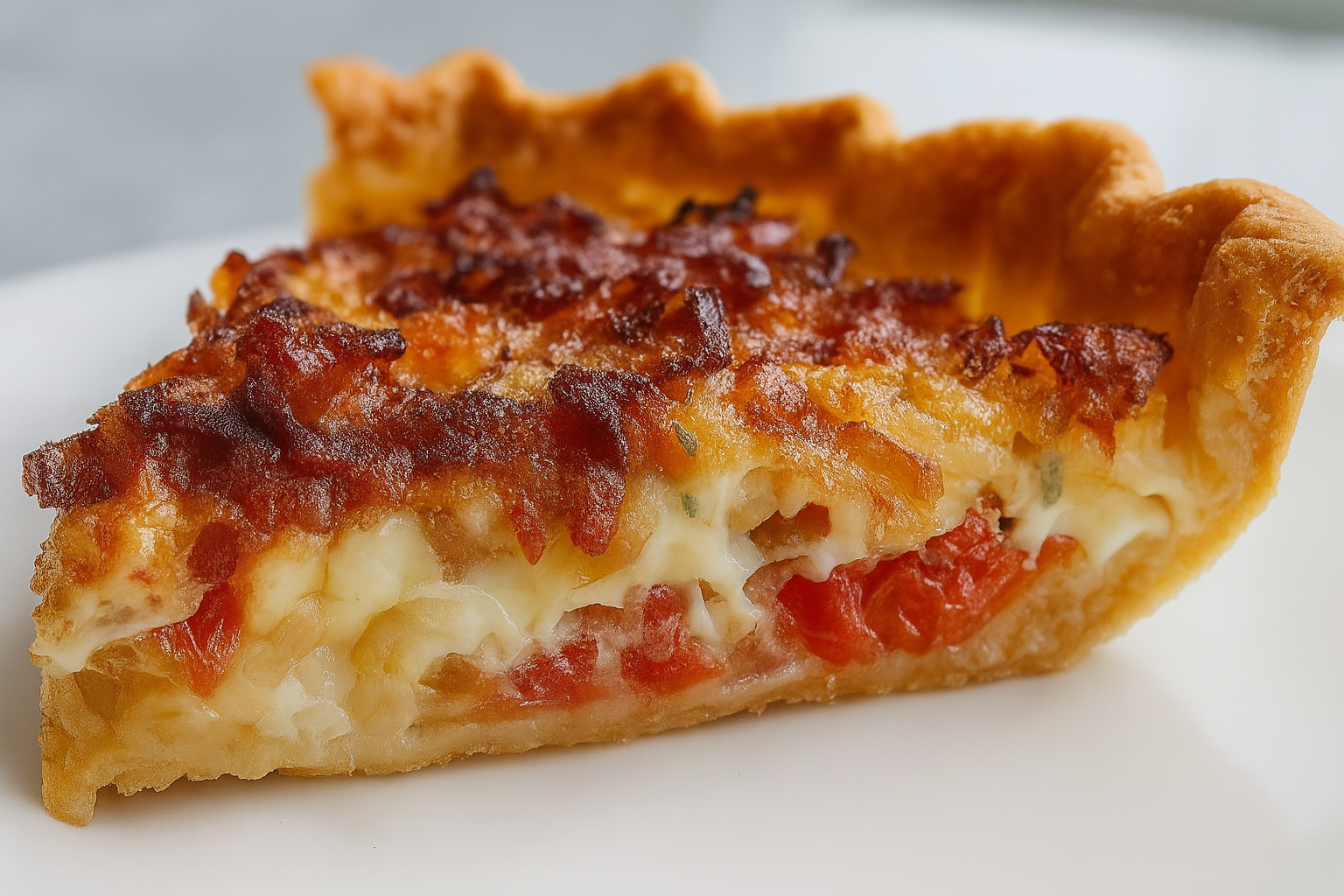 Slice of Bacon Onion Tomato Pie on a white plate with crispy bacon, caramelized onions, and fresh tomatoes