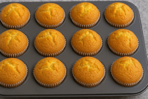 Fluffy bakery-style vanilla cupcakes in a muffin pan with golden tops, soft and moist, perfect for desserts and birthdays.