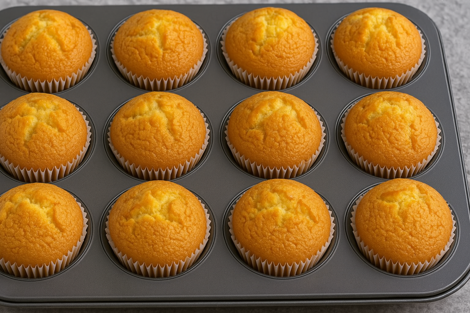 Fluffy bakery-style vanilla cupcakes in a muffin pan with golden tops, soft and moist, perfect for desserts and birthdays.