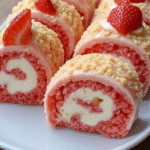 Best strawberry shortcake cheesecake rolls recipe with cream cheese and fresh strawberries on a white plate.