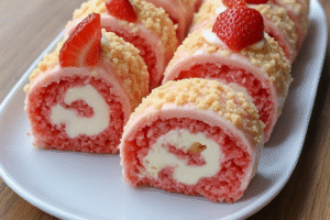 Best strawberry shortcake cheesecake rolls recipe with cream cheese and fresh strawberries on a white plate.