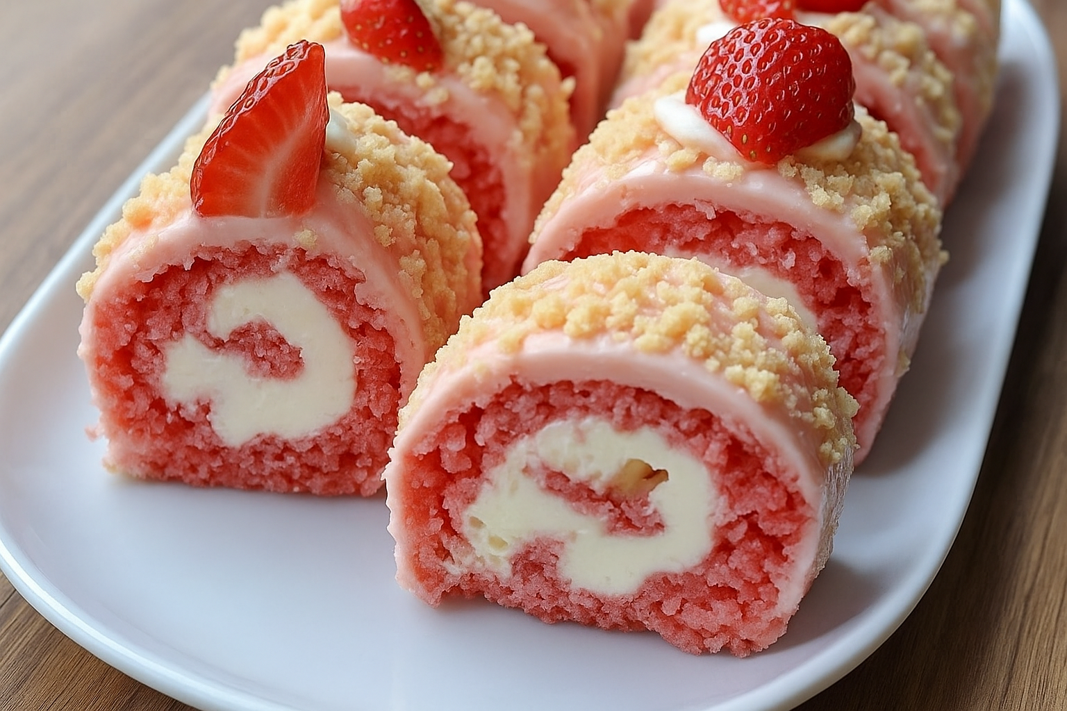 Best strawberry shortcake cheesecake rolls recipe with cream cheese and fresh strawberries on a white plate.