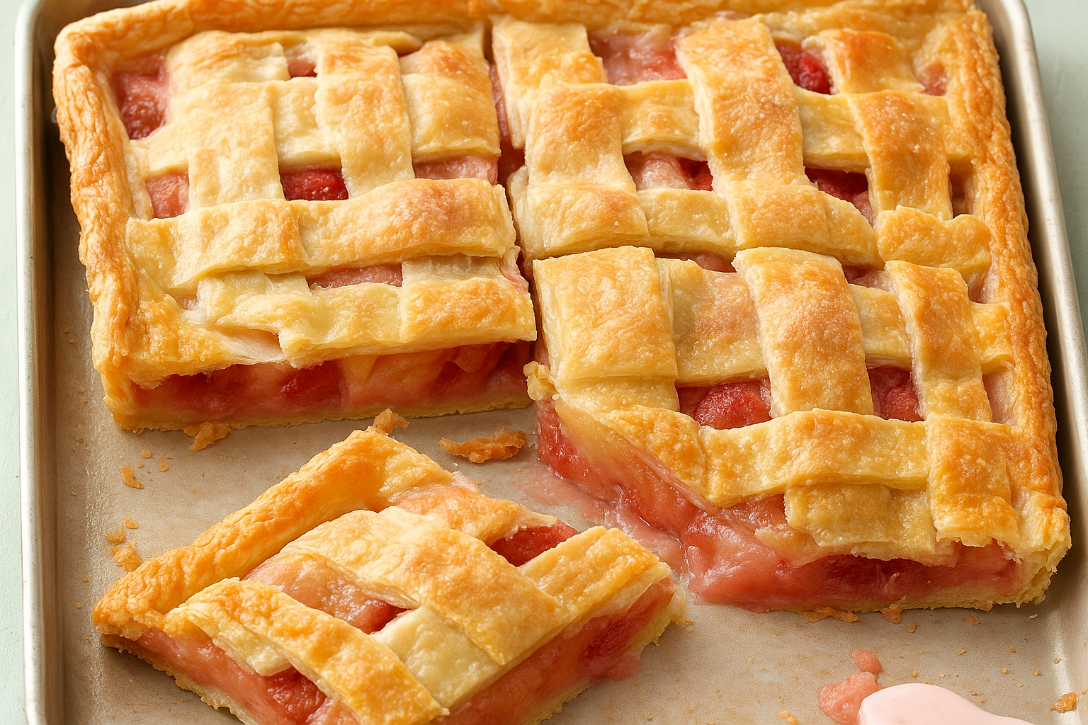 “Best raspberry rhubarb slab pie recipe with flaky crust and fruity filling.”