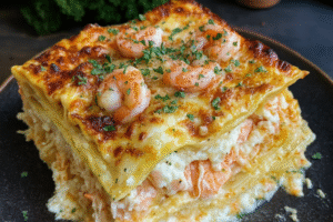 Golden cheesy seafood lasagna with shrimp and crab layered in Alfredo sauce