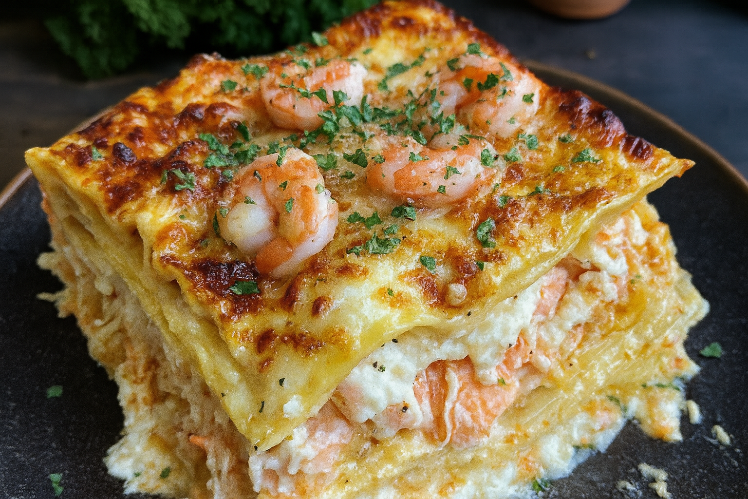 Golden cheesy seafood lasagna with shrimp and crab layered in Alfredo sauce