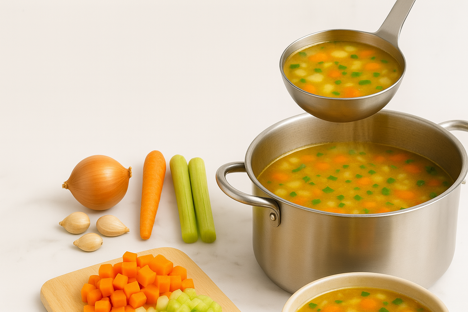 Basic vegetable soup in a pot with fresh carrots, celery, and herbs, perfect for a healthy family dinner.