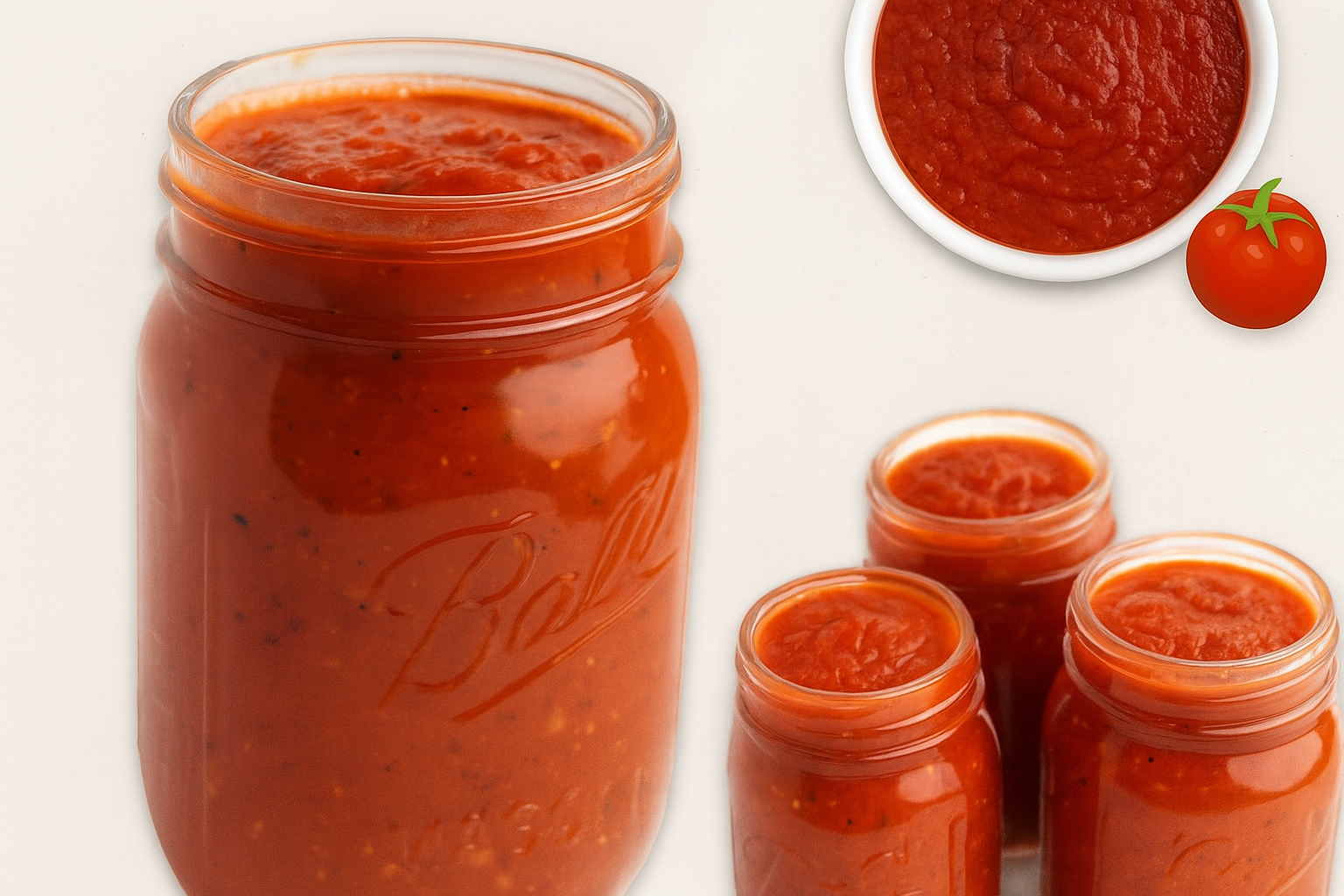 Homemade tomato sauce in glass jars, rich red sauce made with fresh tomatoes, garlic, and basil for pasta and pizza.