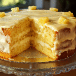 Pineapple Layer Cake with Glaze on a glass stand with creamy pineapple frosting layers