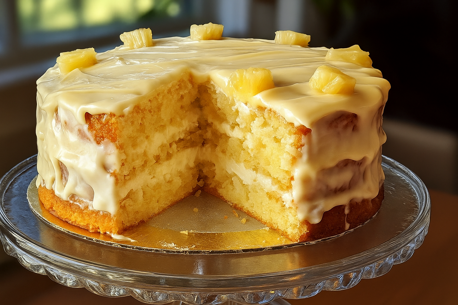 Pineapple Layer Cake with Glaze on a glass stand with creamy pineapple frosting layers