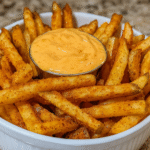 Taco Bell Nacho Fries with Spicy Seasoning and Creamy Nacho Cheese Sauce in a White Bowl