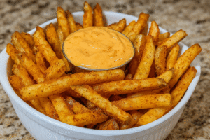 Taco Bell Nacho Fries with Spicy Seasoning and Creamy Nacho Cheese Sauce in a White Bowl