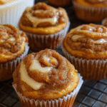 Pumpkin Cinnamon Roll Muffins with cinnamon swirl and glaze on a cooling rack.