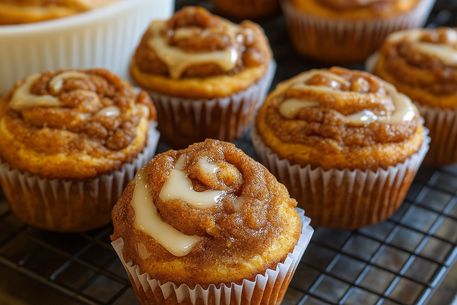 Pumpkin Cinnamon Roll Muffins with cinnamon swirl and glaze on a cooling rack.