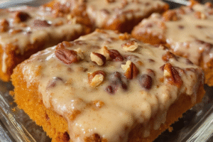 Sweet Potato Honey Bun Cake with Glaze and Pecans on Glass Tray