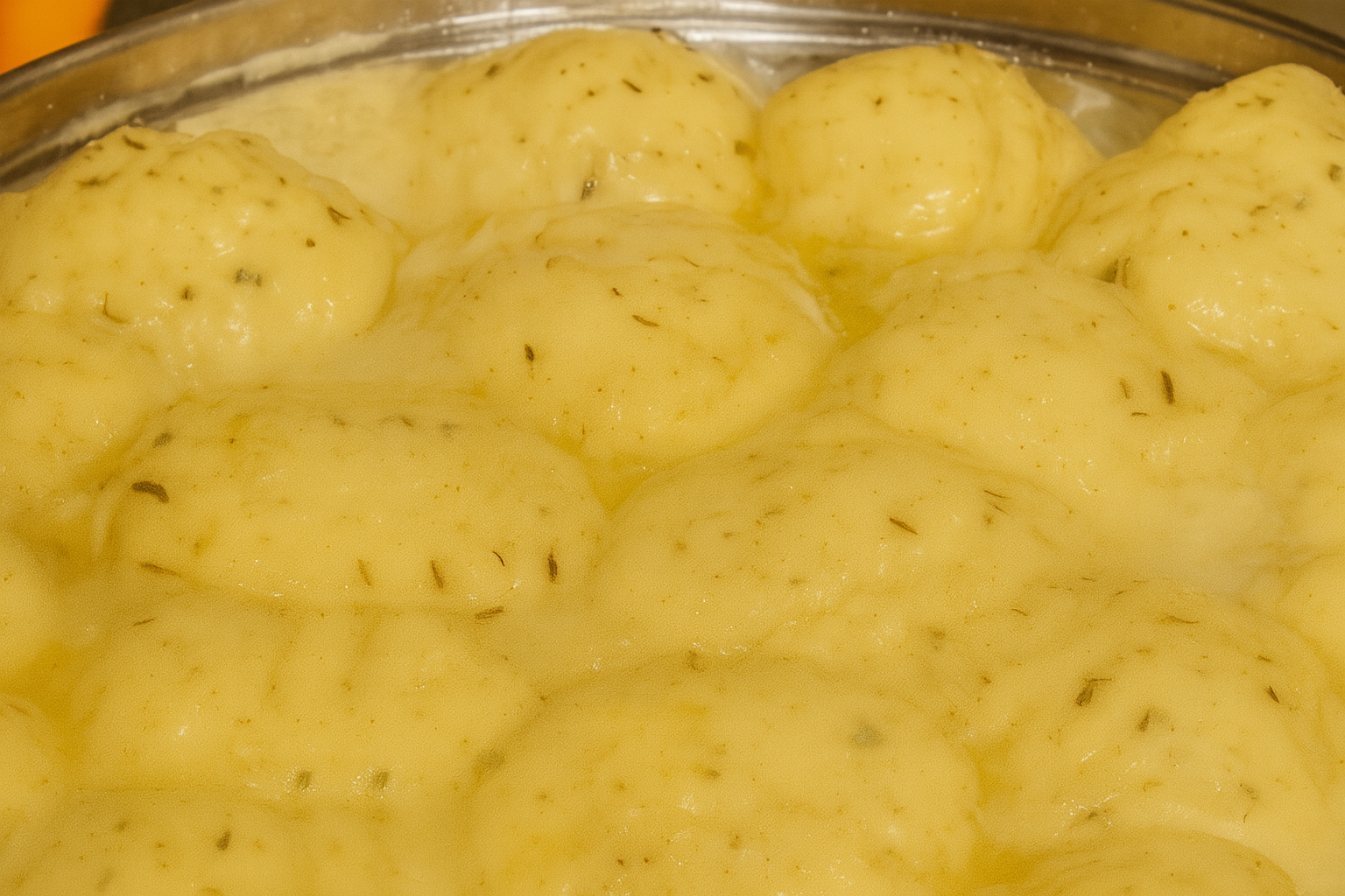 Old-Fashioned Chicken and Dumplings in a pot with fluffy dumplings on top, comforting classic dinner recipe.