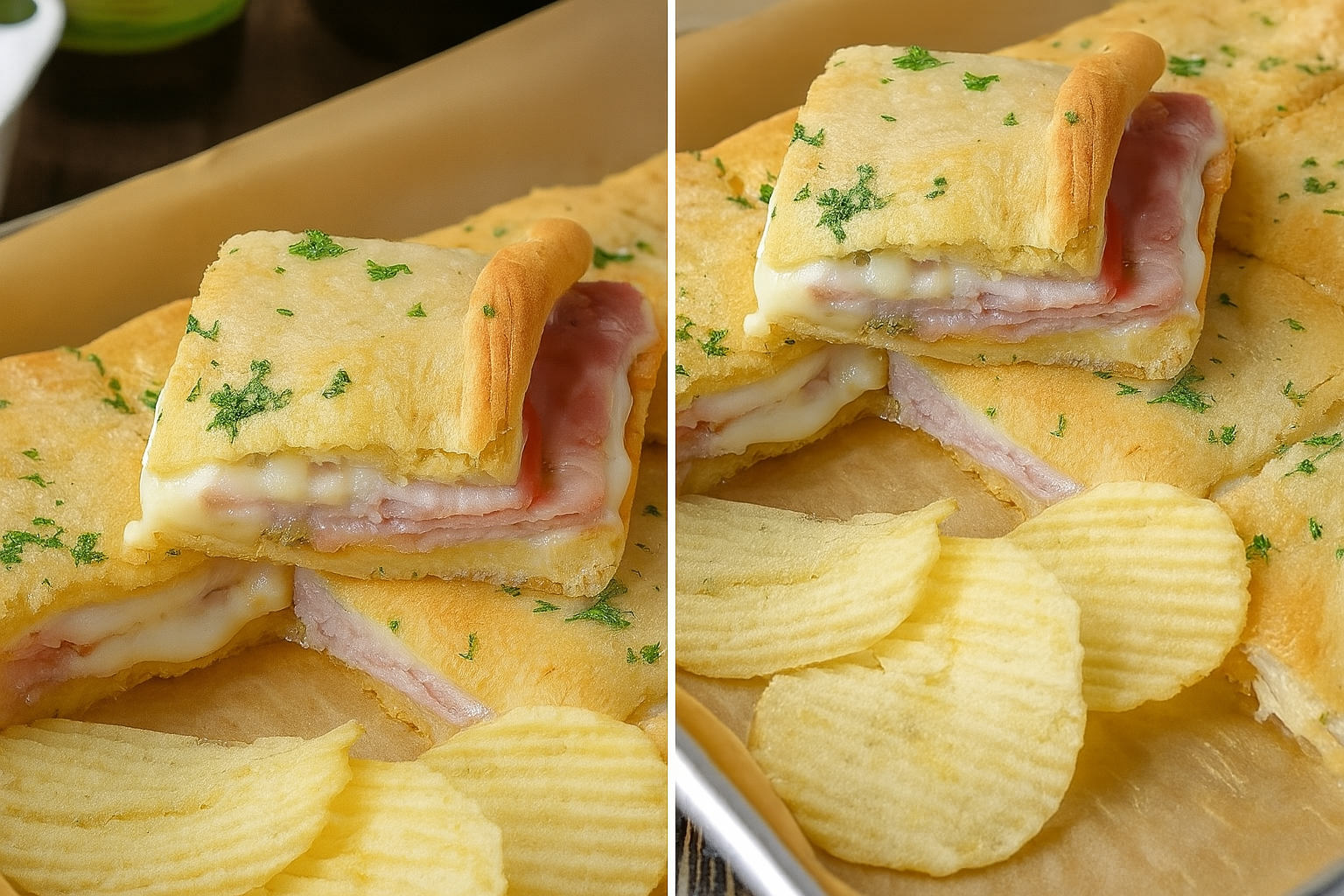 Hot Ham and Cheese Crescent Roll Sandwiches with Swiss Cheese Layers