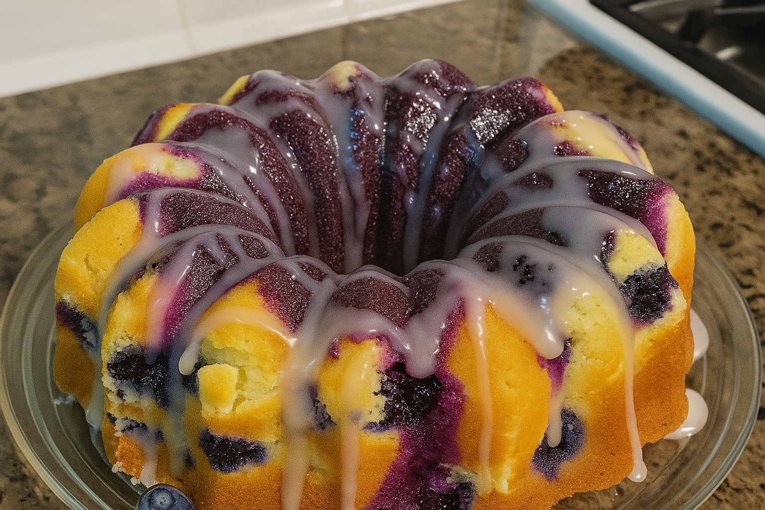 “Classic Blueberry Sour Cream Pound Cake with Glaze Drizzle on Bundt Pan”