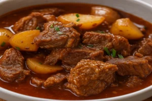 Classic Filipino Beef Mechado with tender beef chunks and potatoes in a rich tomato sauce served in a white bowl.
