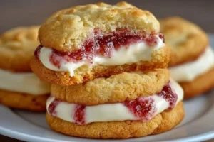 Close-up of strawberry cheesecake stuffed cookies with creamy filling and jam