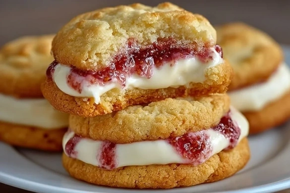 Close-up of strawberry cheesecake stuffed cookies with creamy filling and jam