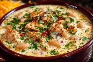A hearty bowl of Creamy White Chicken Chili with tender chicken, creamy white beans, and mild green chilies in a rich, comforting broth.