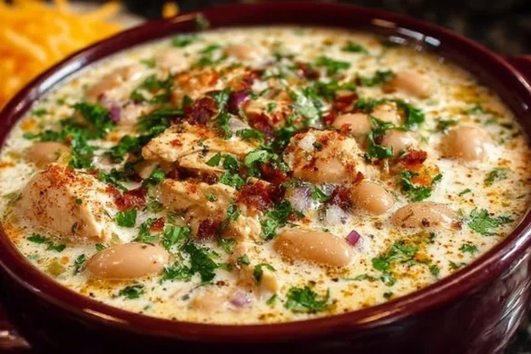 A hearty bowl of Creamy White Chicken Chili with tender chicken, creamy white beans, and mild green chilies in a rich, comforting broth.