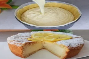 Italian Lemon Magic Cake with custard center and lemon slices on top