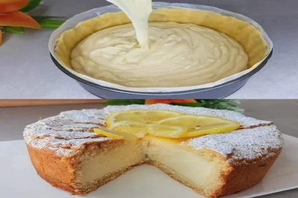 Italian Lemon Magic Cake with custard center and lemon slices on top