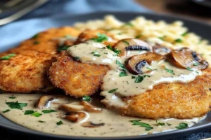 Golden Crunch Chicken in Creamy Parmesan Mushroom Sauce