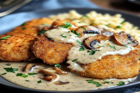 Golden Crunch Chicken in Creamy Parmesan Mushroom Sauce