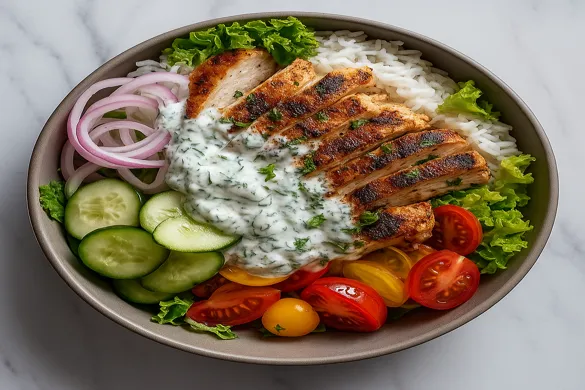 Mediterranean Grilled Chicken Bowl with rice and tzatziki