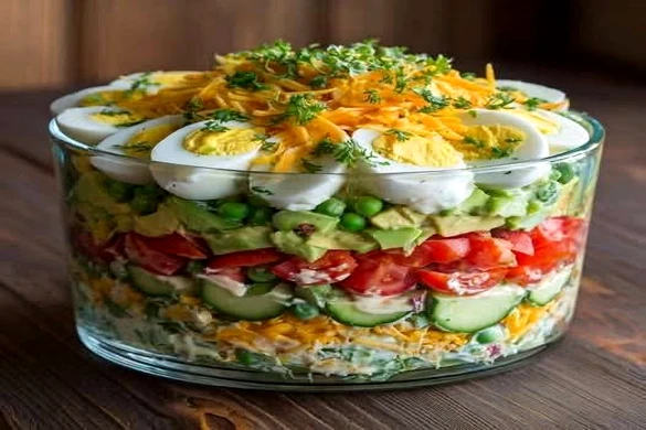 Layered Veggie Salad with Eggs & Avocado