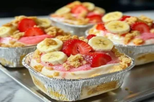 No-bake strawberry cheesecake banana pudding with fresh fruit topping